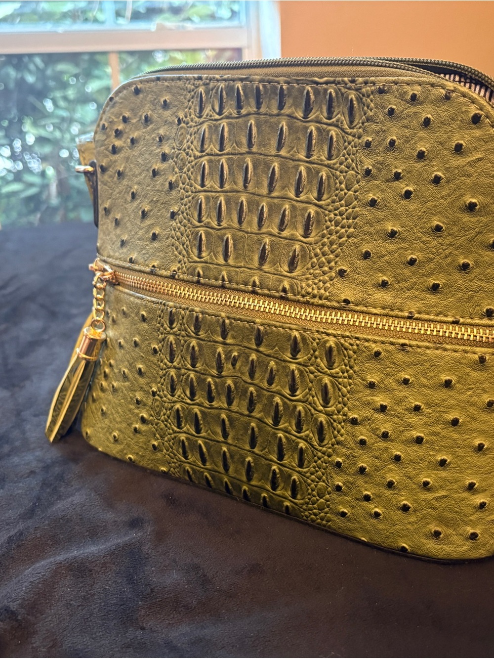 Olive Green Croc-Embossed Cosmetic Case with Gold Zip Pull